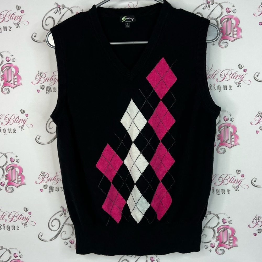 Swing tank top preppy Black Argyle Sweater Vest with Pink and White Diamonds